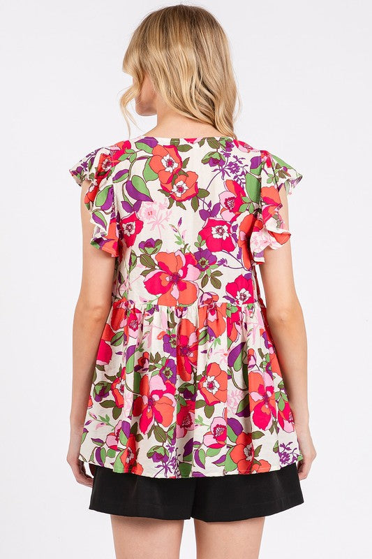 Mittoshop Floral V-Neck Ruffled Sleeve Blouse
