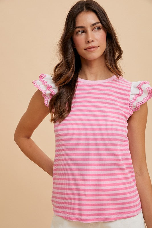 Annie Wear Ruffled Striped Round Neck Sleeve Knit Top