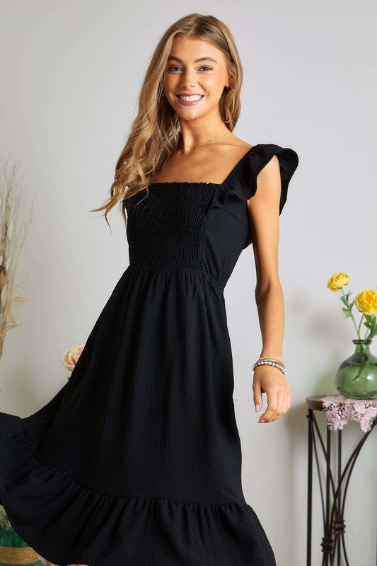 ADORA Smocked Square Neck Ruffled Sleeve Dress
