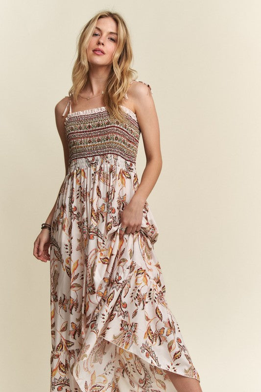 ADORA Smocked Printed Square Neck Tie Shoulder Dress
