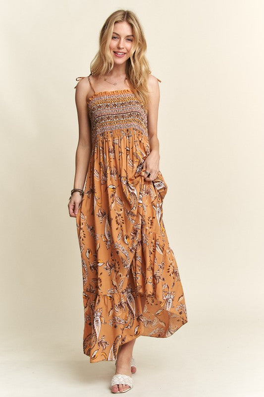 ADORA Smocked Printed Square Neck Tie Shoulder Dress