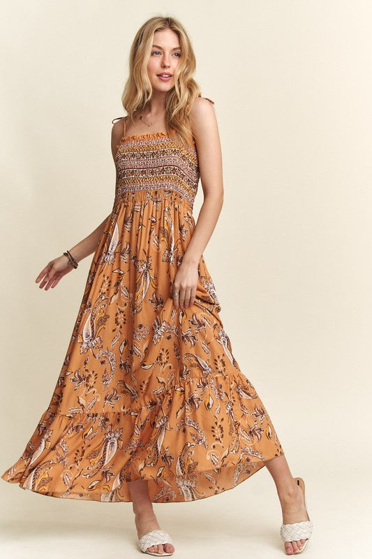 ADORA Smocked Printed Square Neck Tie Shoulder Dress