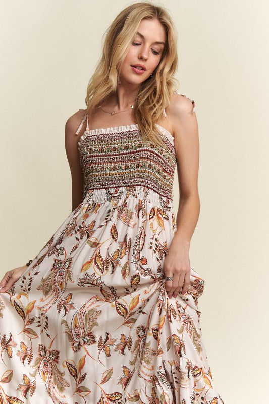 ADORA Smocked Printed Square Neck Tie Shoulder Dress