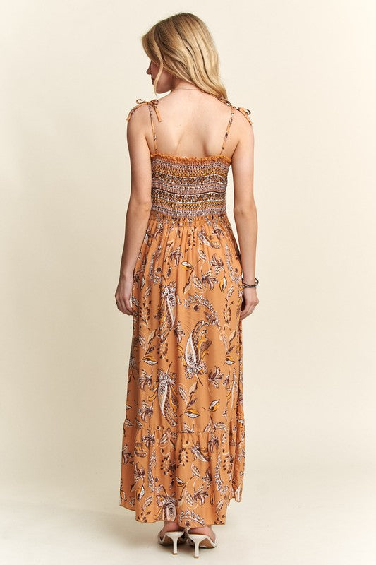 ADORA Smocked Printed Square Neck Tie Shoulder Dress