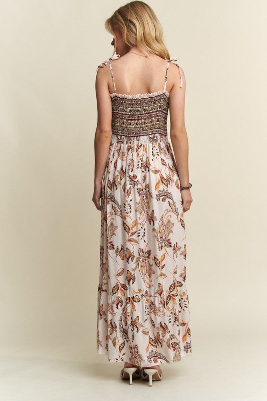 ADORA Smocked Printed Square Neck Tie Shoulder Dress