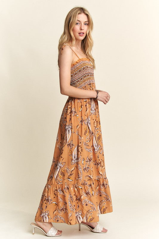 ADORA Smocked Printed Square Neck Tie Shoulder Dress