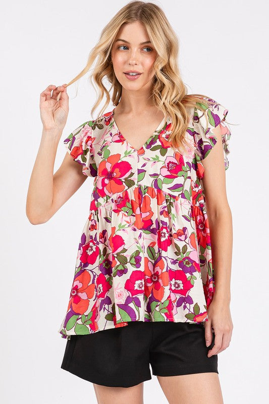 Mittoshop Floral V-Neck Ruffled Sleeve Blouse