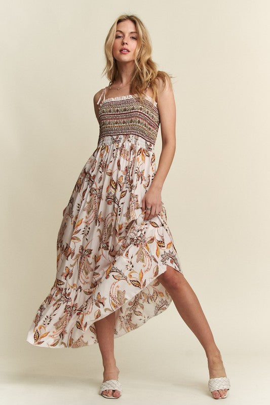ADORA Smocked Printed Square Neck Tie Shoulder Dress