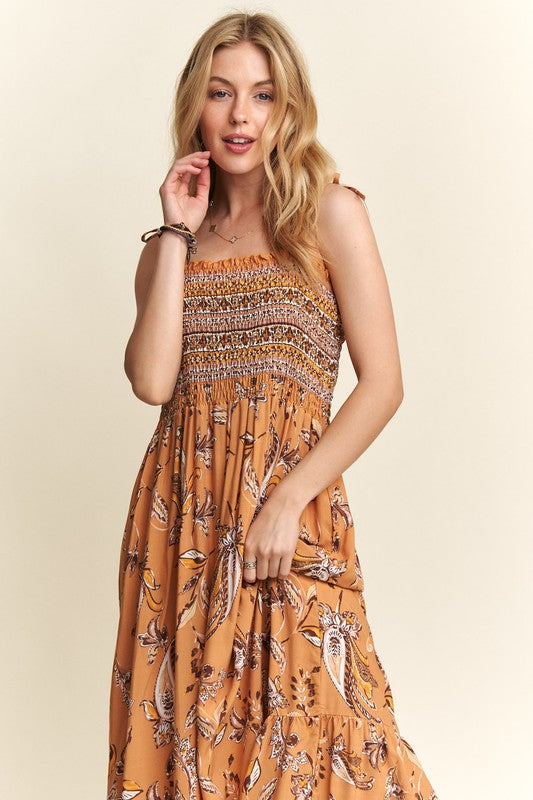 ADORA Smocked Printed Square Neck Tie Shoulder Dress