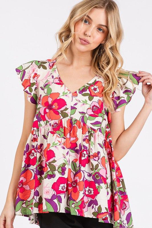 Mittoshop Floral V-Neck Ruffled Sleeve Blouse