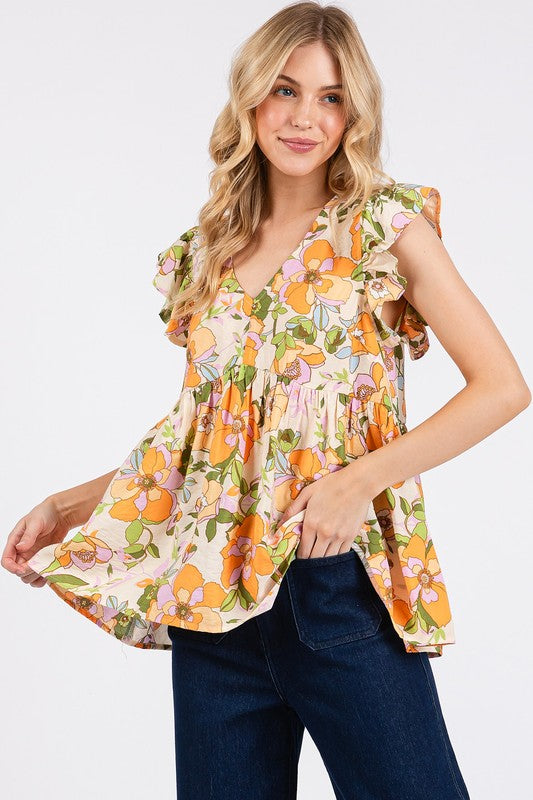 Mittoshop Floral V-Neck Ruffled  Sleeve Blouse