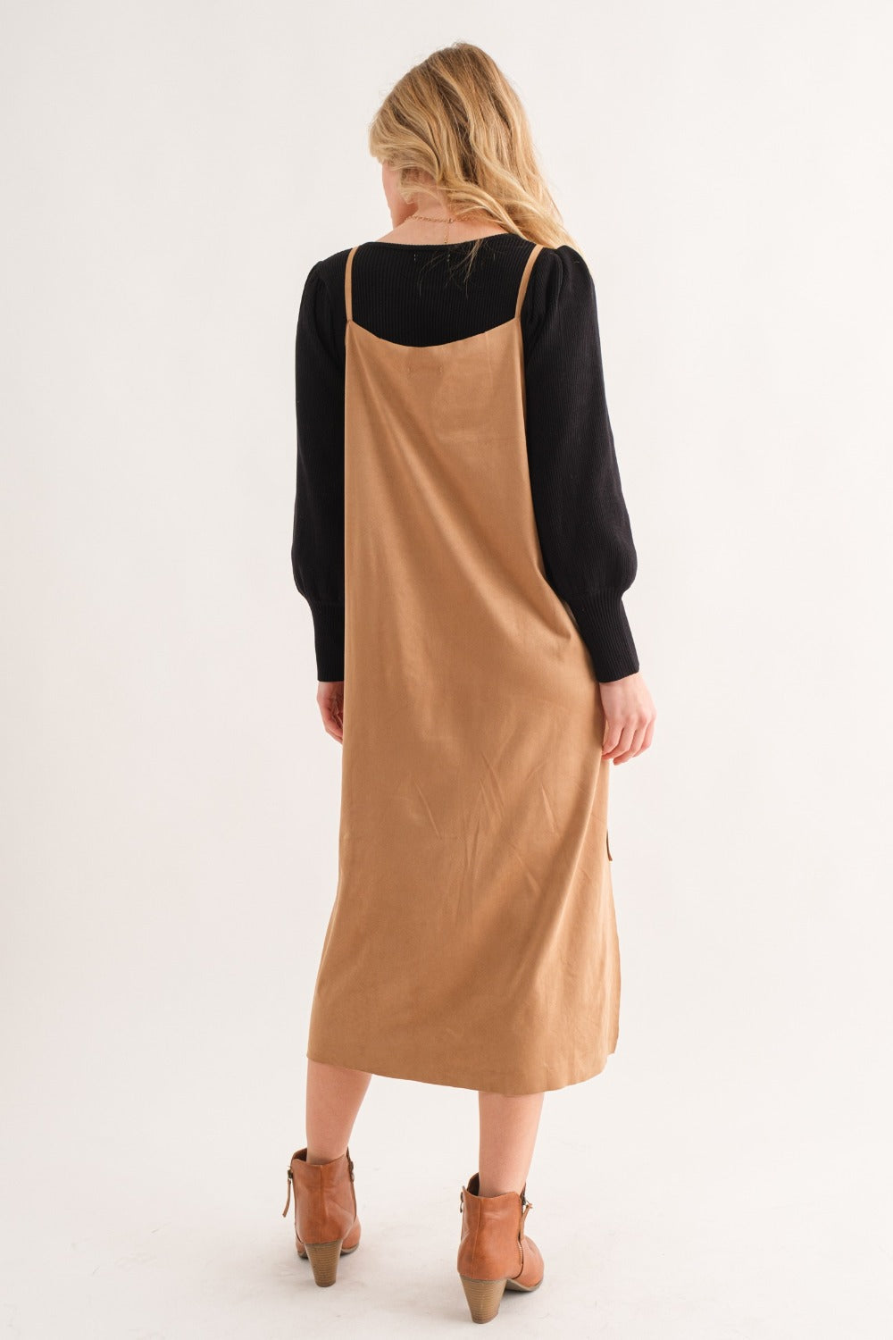 And The Why Faux Suede Cut Edge Slit Midi Dress