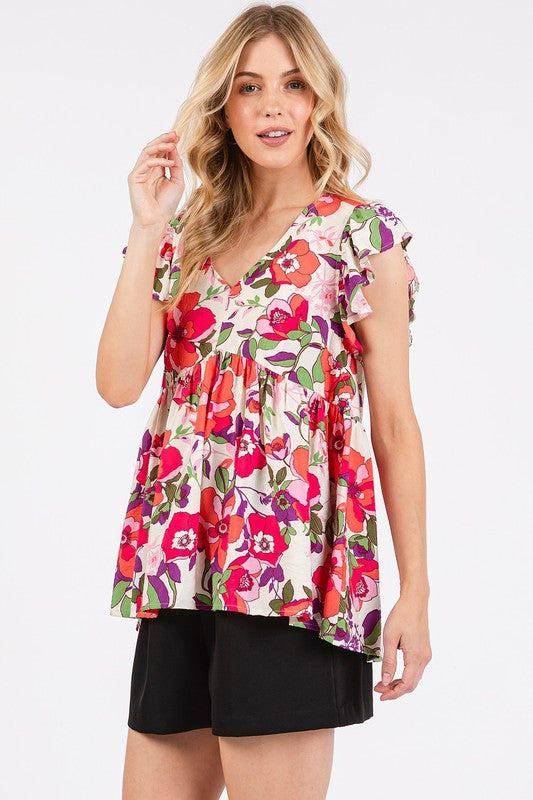 Mittoshop Floral V-Neck Ruffled Sleeve Blouse
