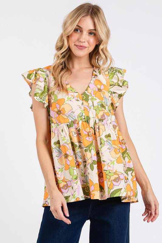 Mittoshop Floral V-Neck Ruffled  Sleeve Blouse