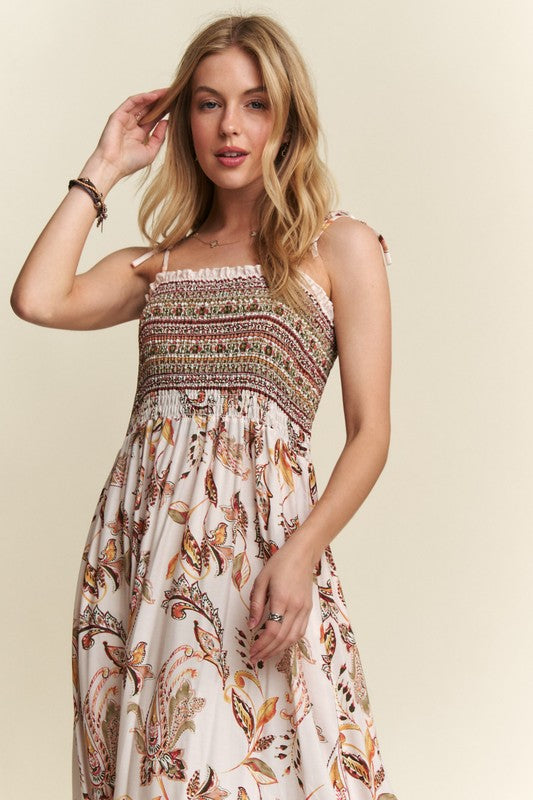 ADORA Smocked Printed Square Neck Tie Shoulder Dress