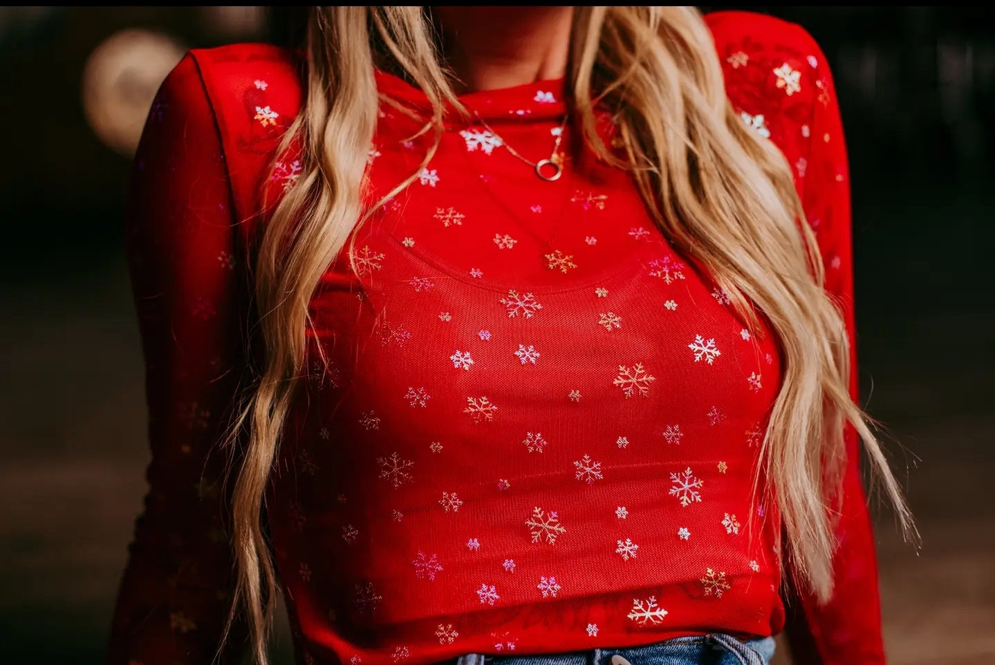 In Store Sparkle Foil Snowflake Mesh Top