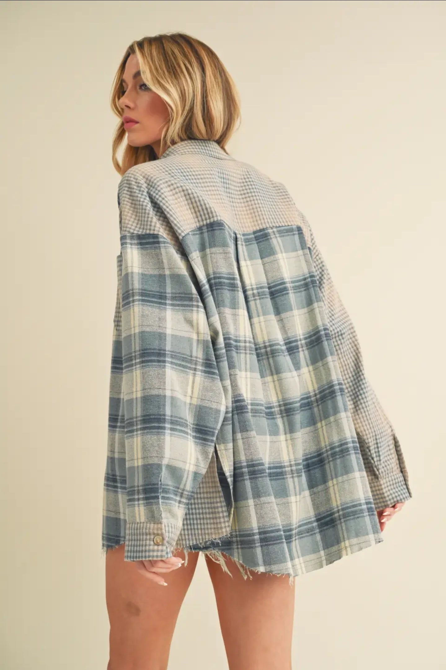 In Store Light Blue and Cream Plaid Top