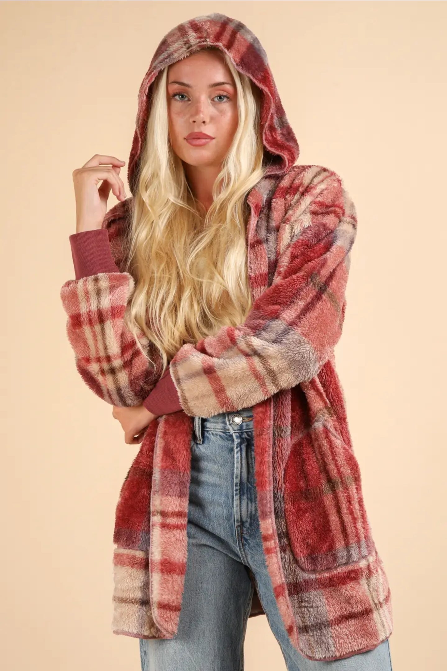 In Store Plus Fuzzy Hooded Cardigan
