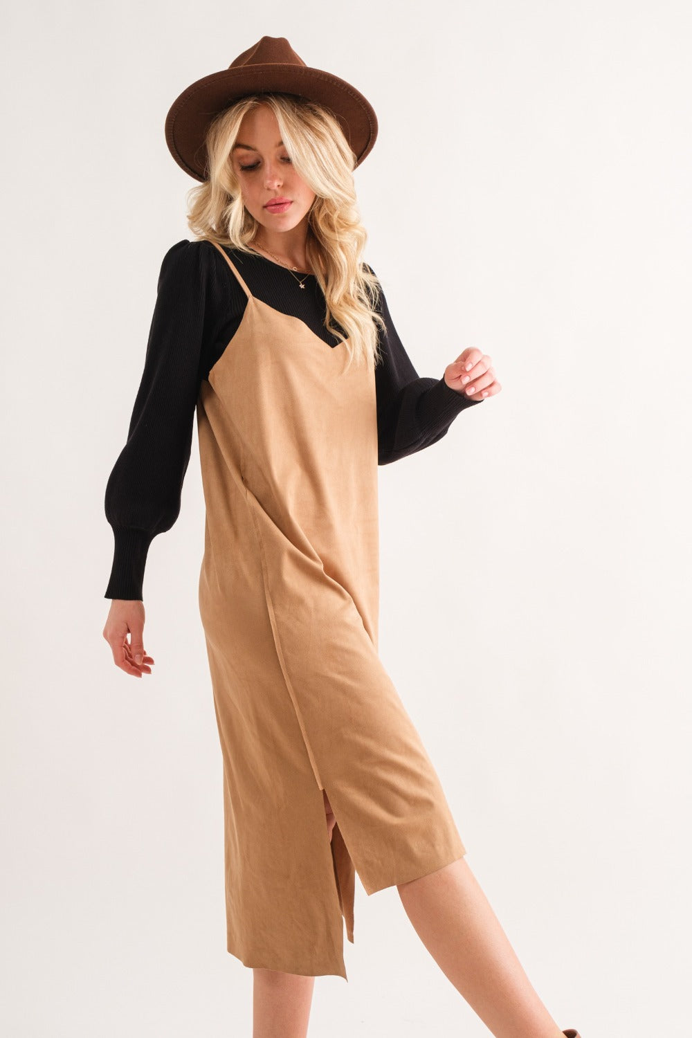 And The Why Faux Suede Cut Edge Slit Midi Dress