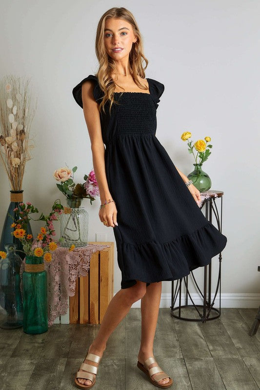 ADORA Smocked Square Neck Ruffled Sleeve Dress