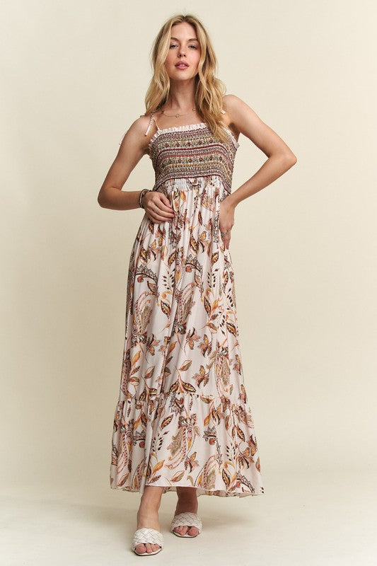 ADORA Smocked Printed Square Neck Tie Shoulder Dress
