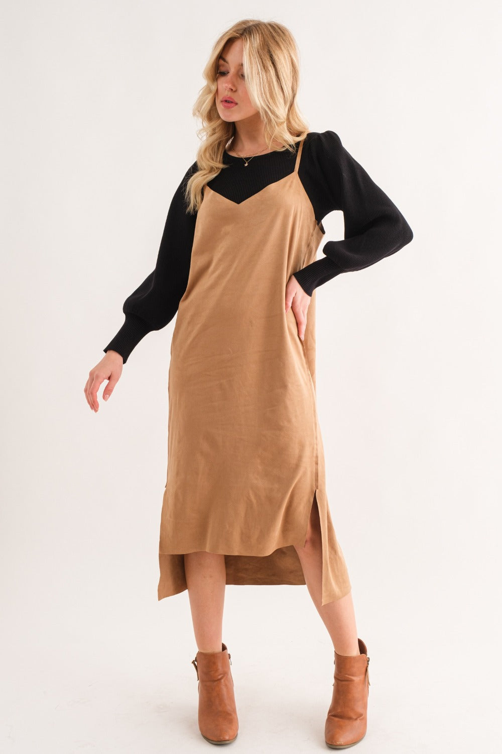 And The Why Faux Suede Cut Edge Slit Midi Dress