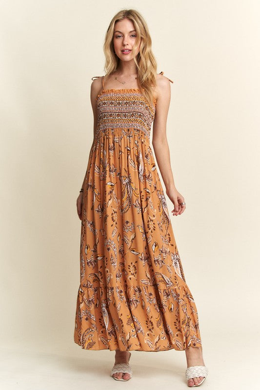 ADORA Smocked Printed Square Neck Tie Shoulder Dress