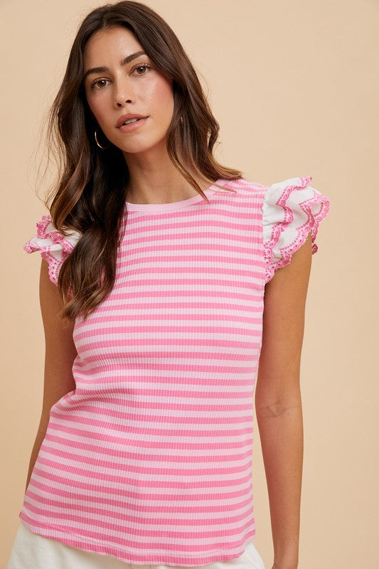 Annie Wear Ruffled Striped Round Neck Sleeve Knit Top
