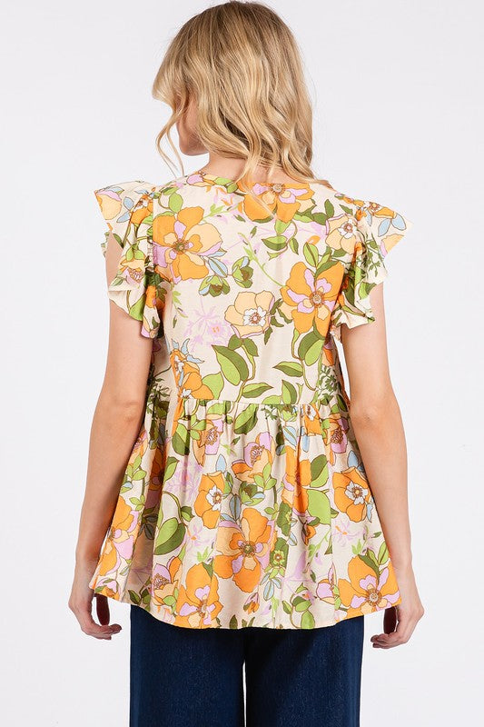 Mittoshop Floral V-Neck Ruffled  Sleeve Blouse