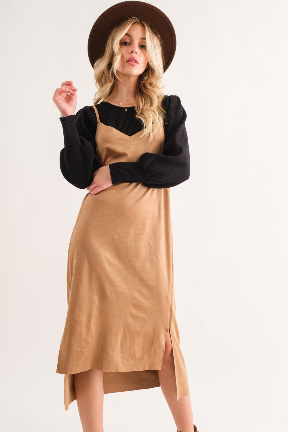 And The Why Faux Suede Cut Edge Slit Midi Dress
