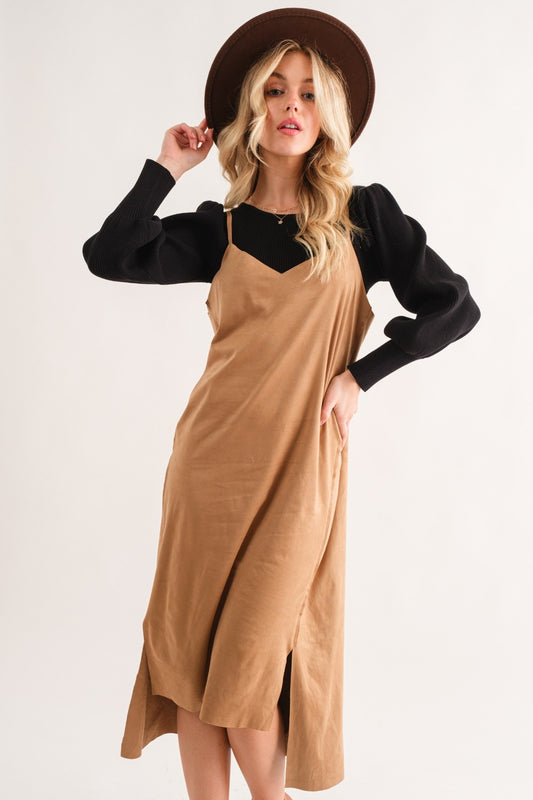 And The Why Faux Suede Cut Edge Slit Midi Dress