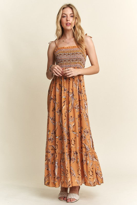 ADORA Smocked Printed Square Neck Tie Shoulder Dress